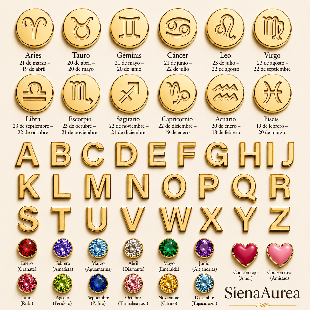 Collar con inicial, piedra de nacimiento y signo del zodiaco