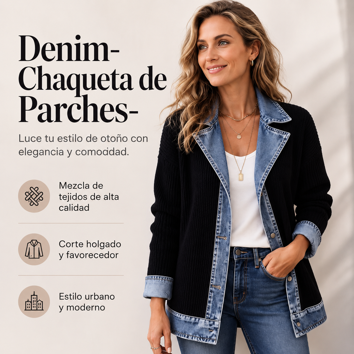 🔥Oferta especial: 60 % de descuento✨👚 Camisa de mujer con mezcla de punto acanalado y denim: elegancia desenfadada para el día a día🎁