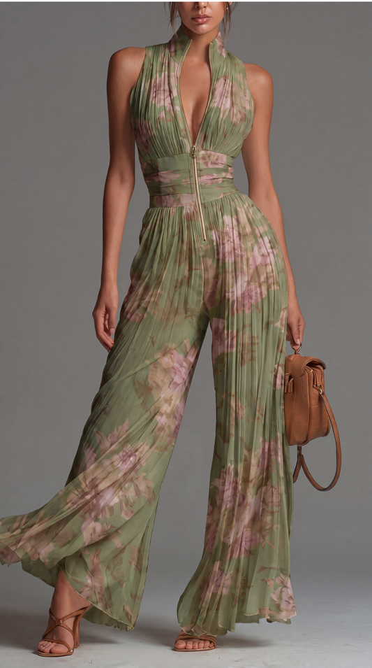 Shofia Jumpsuit | Mono verde de gasa plisada