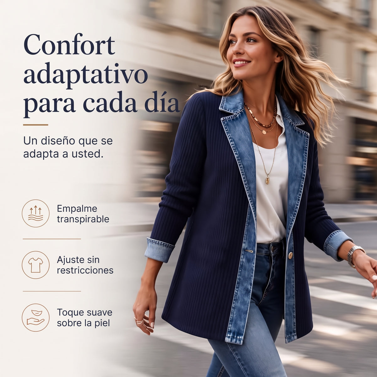 🔥Oferta especial: 60 % de descuento✨👚 Camisa de mujer con mezcla de punto acanalado y denim: elegancia desenfadada para el día a día🎁