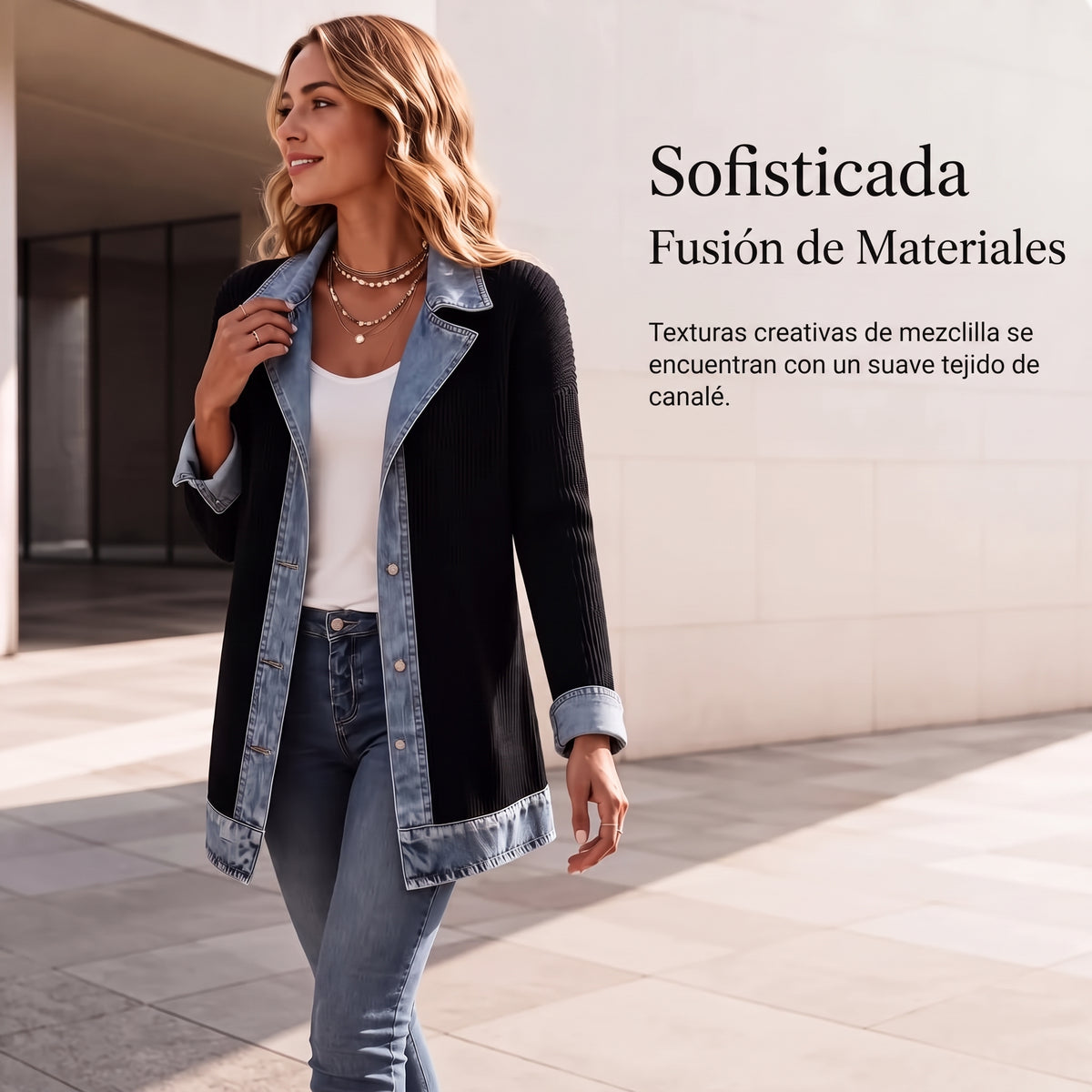 🔥Oferta especial: 60 % de descuento✨👚 Camisa de mujer con mezcla de punto acanalado y denim: elegancia desenfadada para el día a día🎁