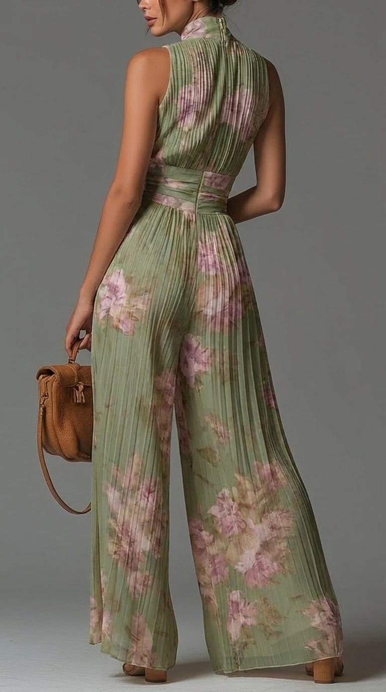 Shofia Jumpsuit | Mono verde de gasa plisada