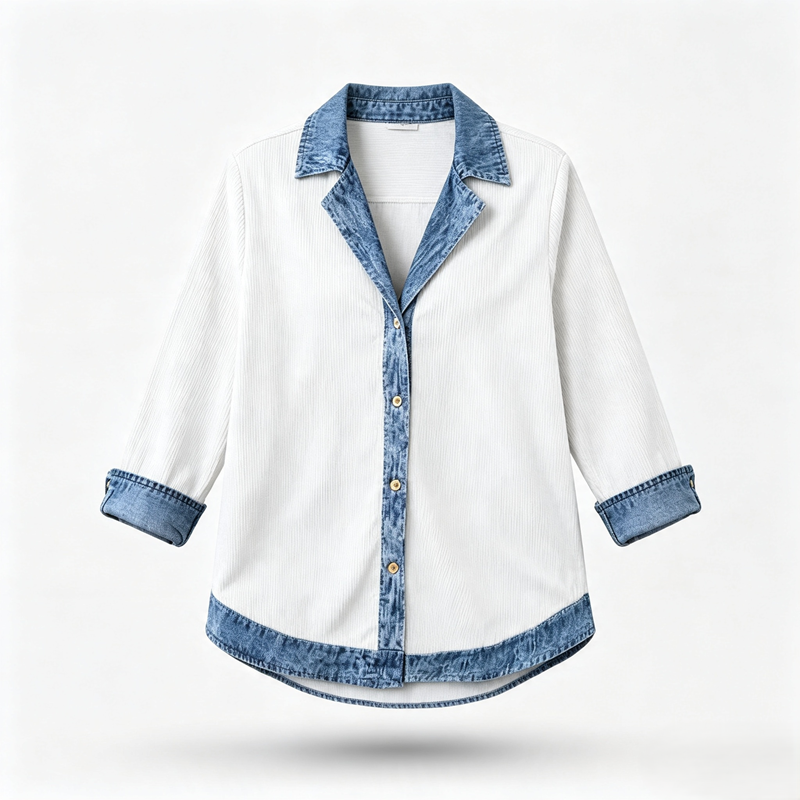🔥Oferta especial: 60 % de descuento✨👚 Camisa de mujer con mezcla de punto acanalado y denim: elegancia desenfadada para el día a día🎁